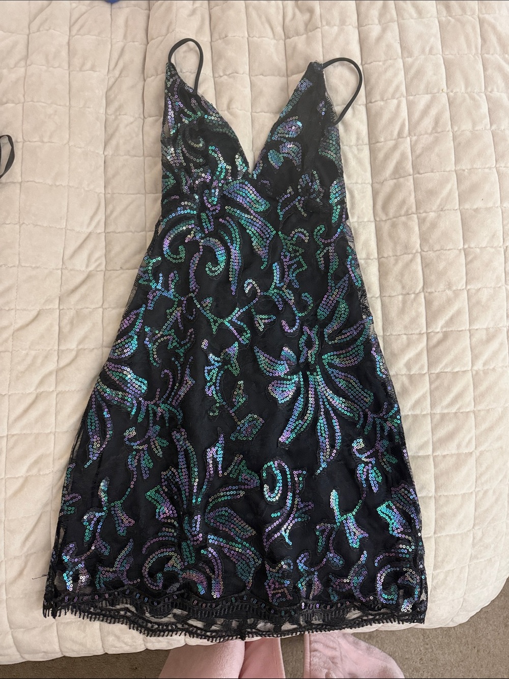 Lucy in the Sky Black Mini Dress with Iridescent Green and Purple Sequins